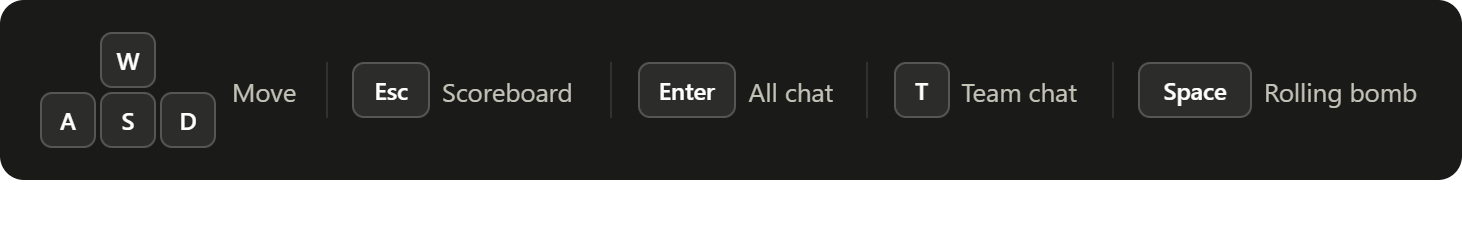 TagPro keyboard controls: WASD to move your ball, Space to deploy a rolling bomb, Enter for all chat, T for team chat, and Esc to open the scoreboard